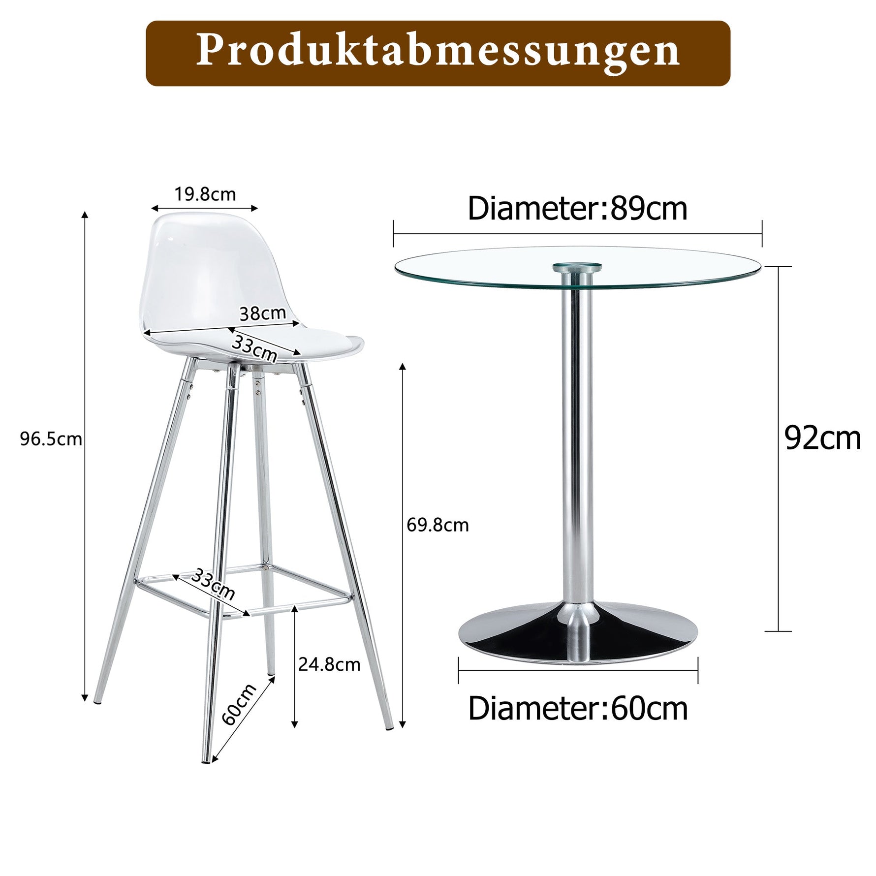 Flexible Bar Set Round Glass Table 89cm 2 Stools - Glass/Silver Legs
