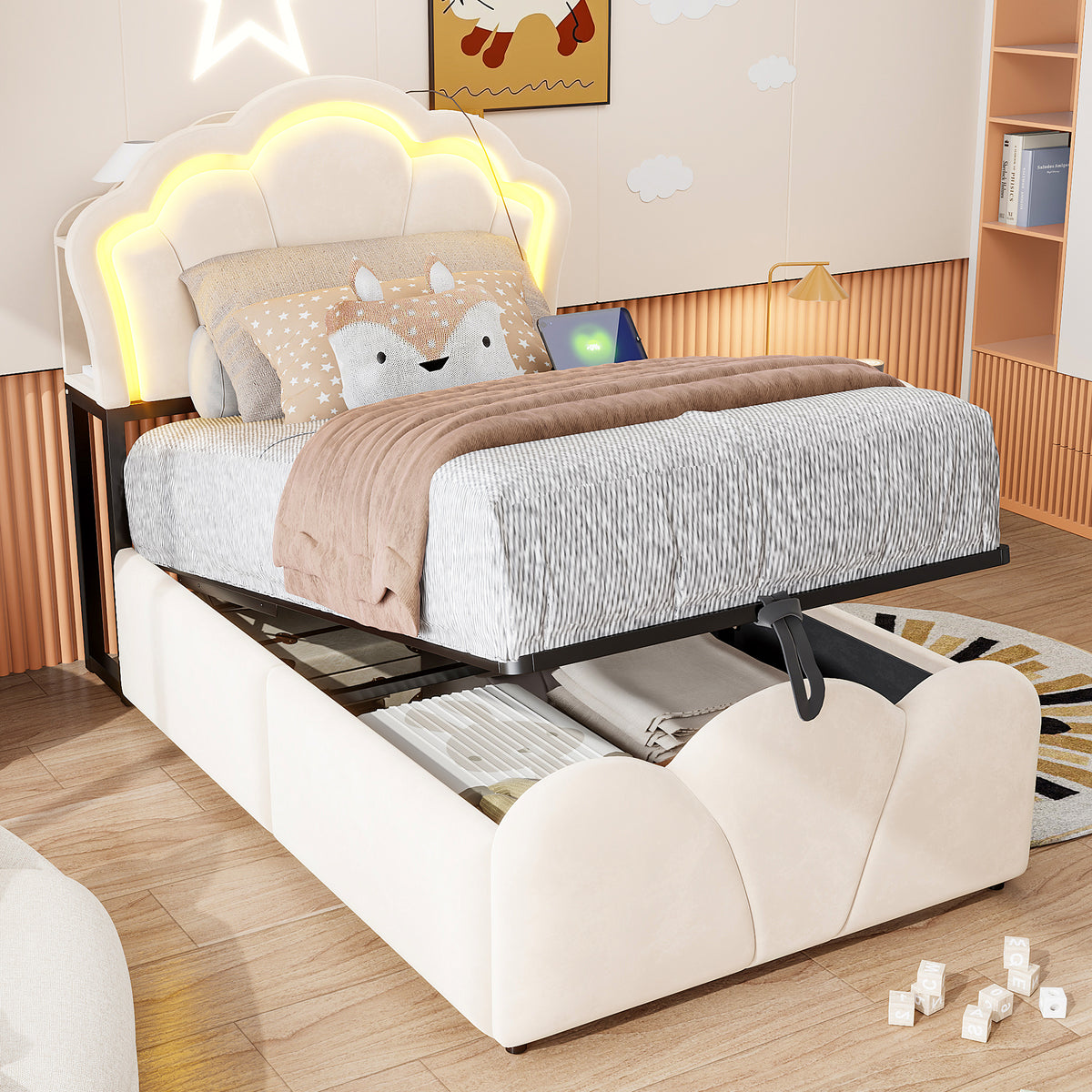 Upholstered Bed 90x200cm with Hydraulic Storage & LED, Beige Velvet