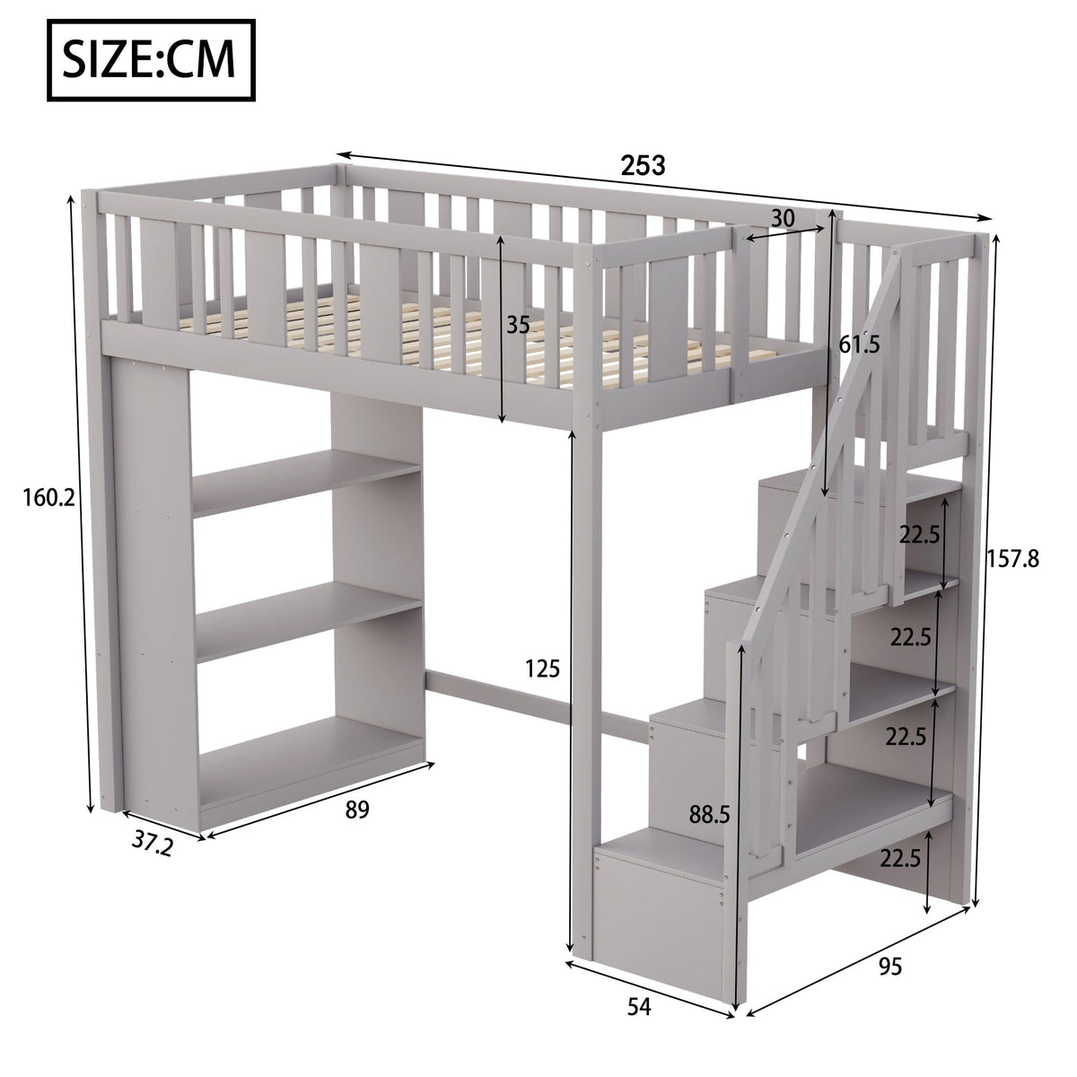 Loft Bed, 90 x 200 cm, Storage Stairs & Compartments, Wood, Grey