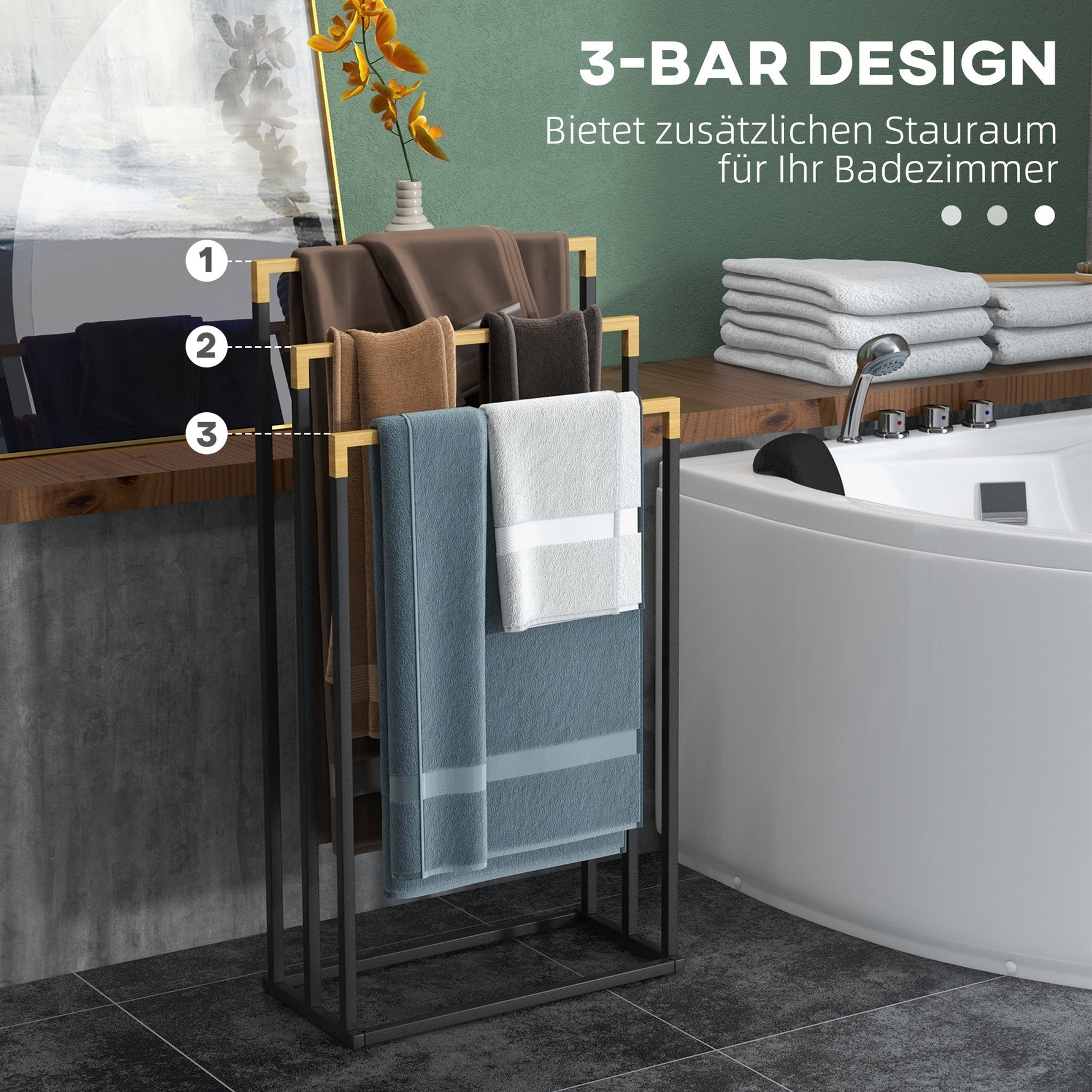 kleankin Towel Rack, 3 Bars, Steel & Bamboo, Black