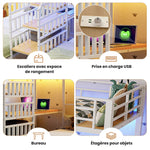 Bunk Bed with LED Lights, Integrated Storage Ladder, USB Ports and Desk, White