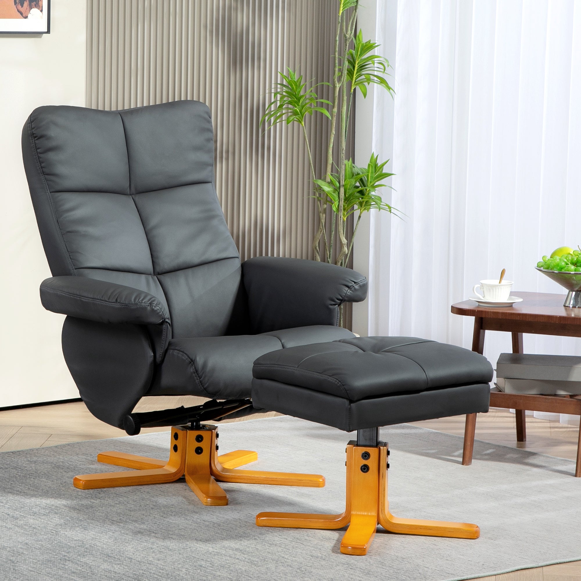 Reclining Armchair with Footstool, 360° Swivel, Storage, Faux Leather Dark Grey