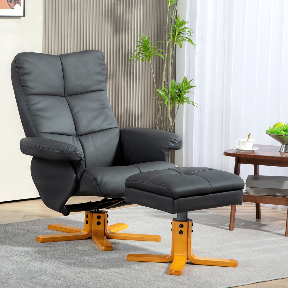 Reclining Armchair with Footstool, 360° Swivel, Storage, Faux Leather Dark Grey