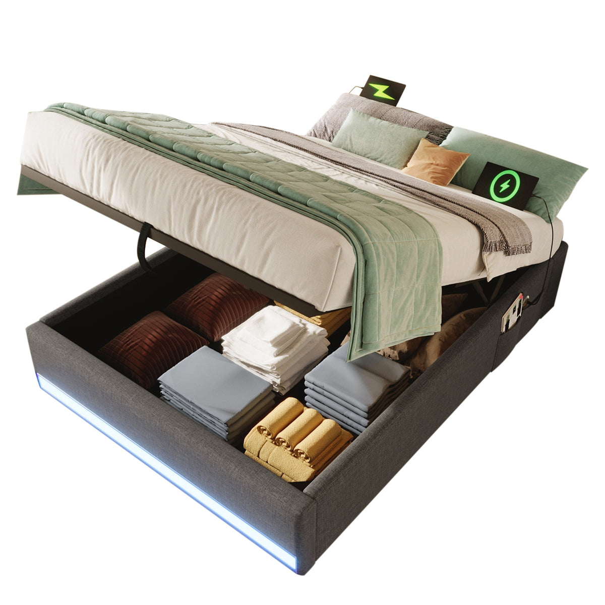 Upholstered Bed 90x200cm Hydraulic Storage with LED & USB/Type-C Ports Grey