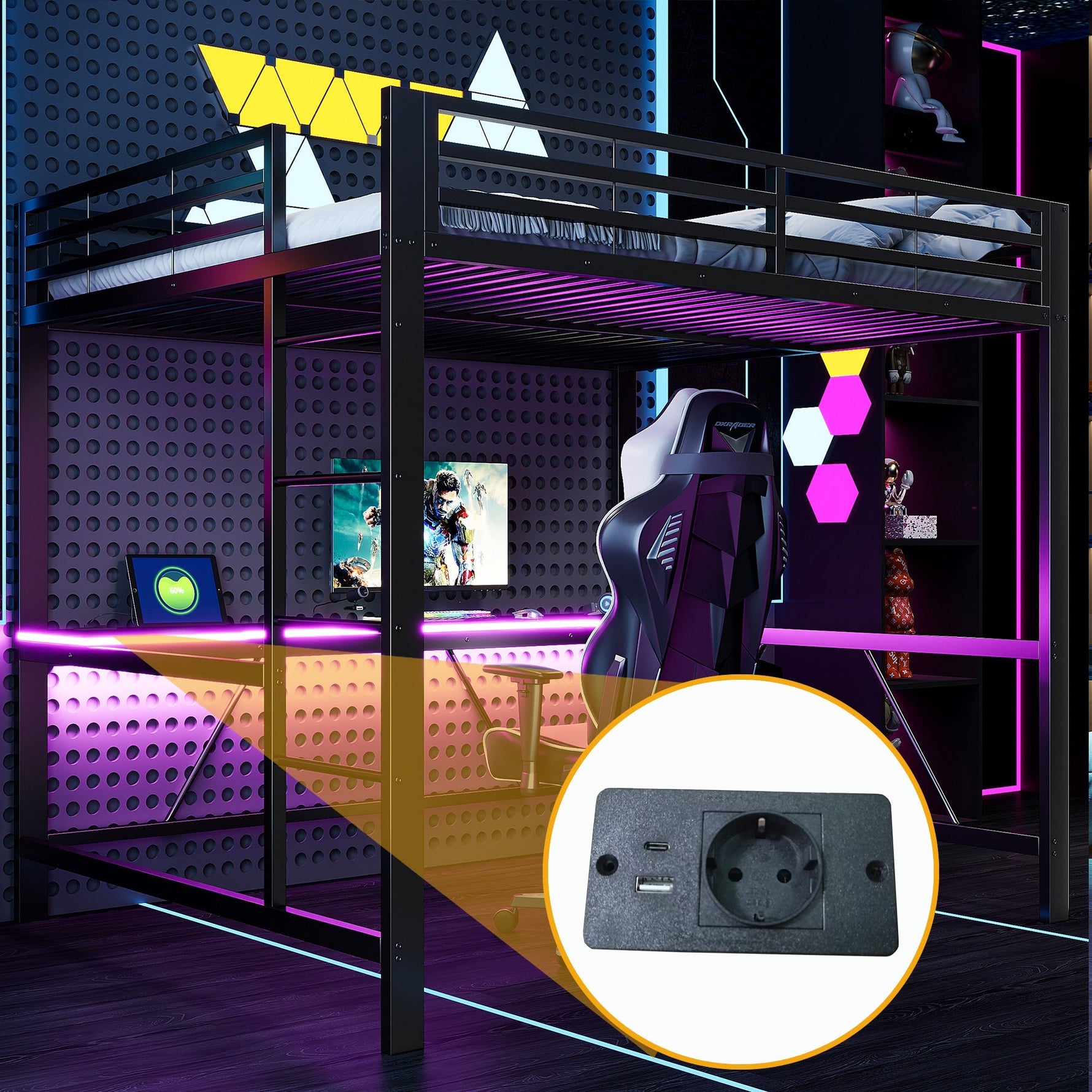 Gaming Metal Loft Bed Frame with LED Lighting, USB Station and Desk, 160x200, Black
