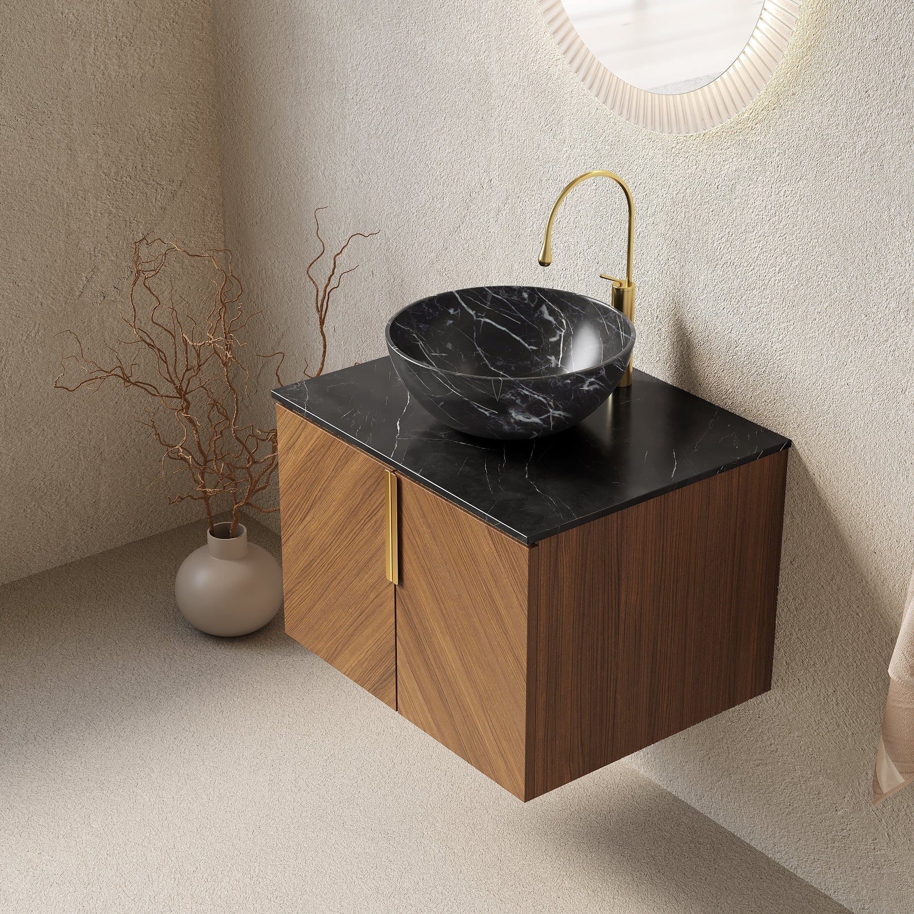 Wall-Mounted Bathroom Vanity Unit with Ceramic Bowl and Sintered Stone Countertop, Espresso Wood Grain