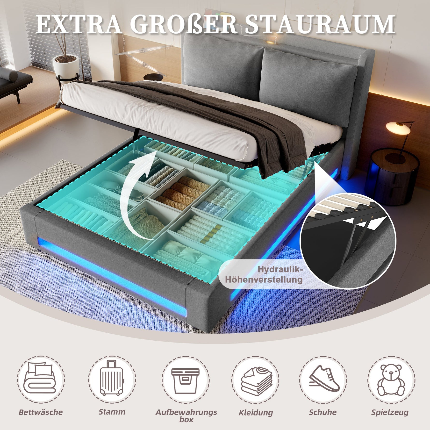 Modern Upholstered Bed 140x200cm Storage LED USB-C Headboard