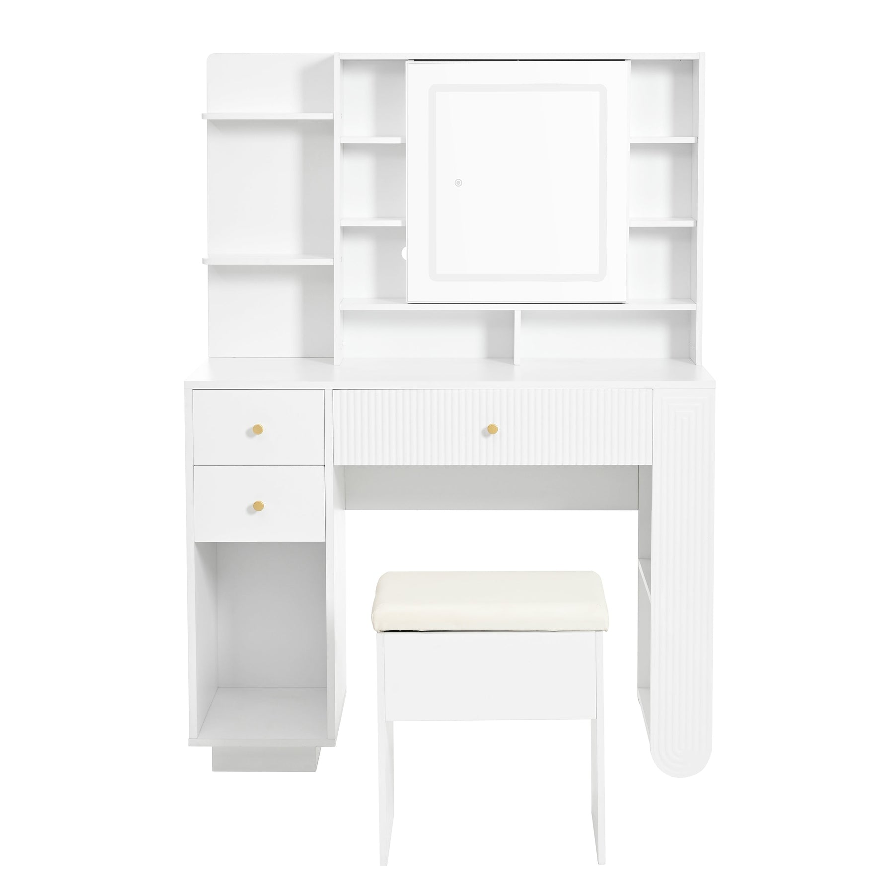 Illuminated Dressing Table with Mirror and Stool, Adjustable Brightness and Storage Drawers, White