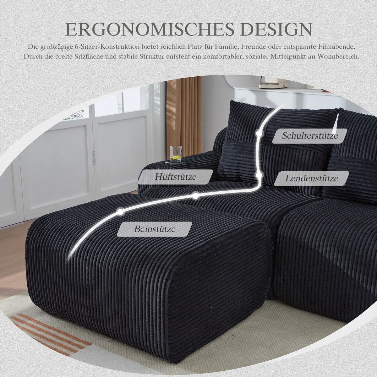 Modular 2-Seater Sofa with Ottomans, Cup Holders and Storage Pockets, Black Corduroy