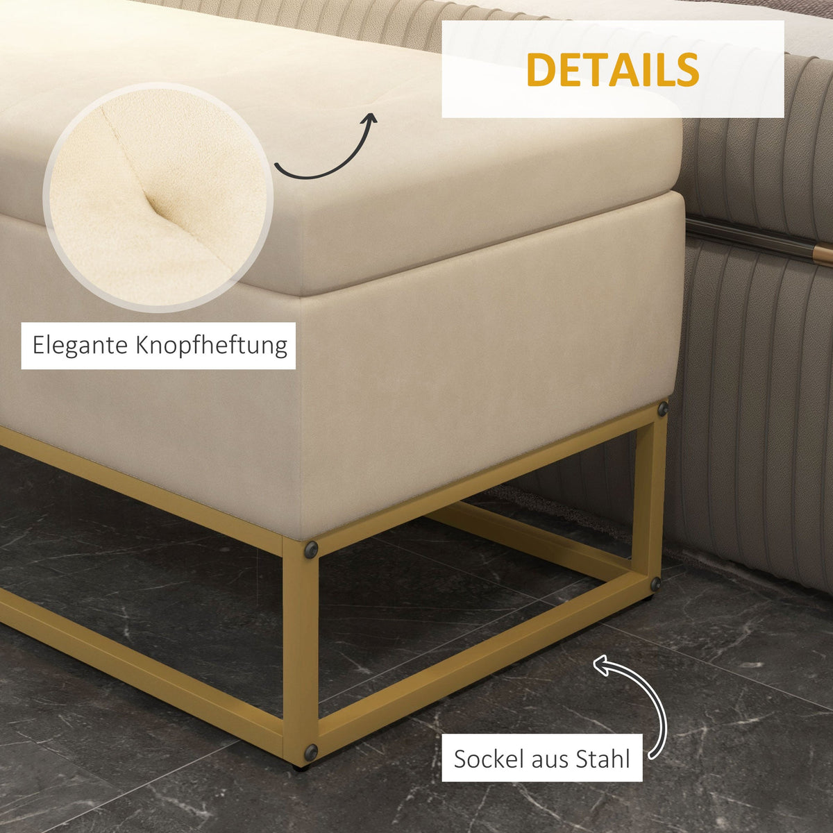 Bench with Storage, Upholstered, Folding Lid, Velvet Beige