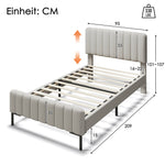 Upholstered single bed, 90 x 200 cm, adjustable headboard, grey-beige linen