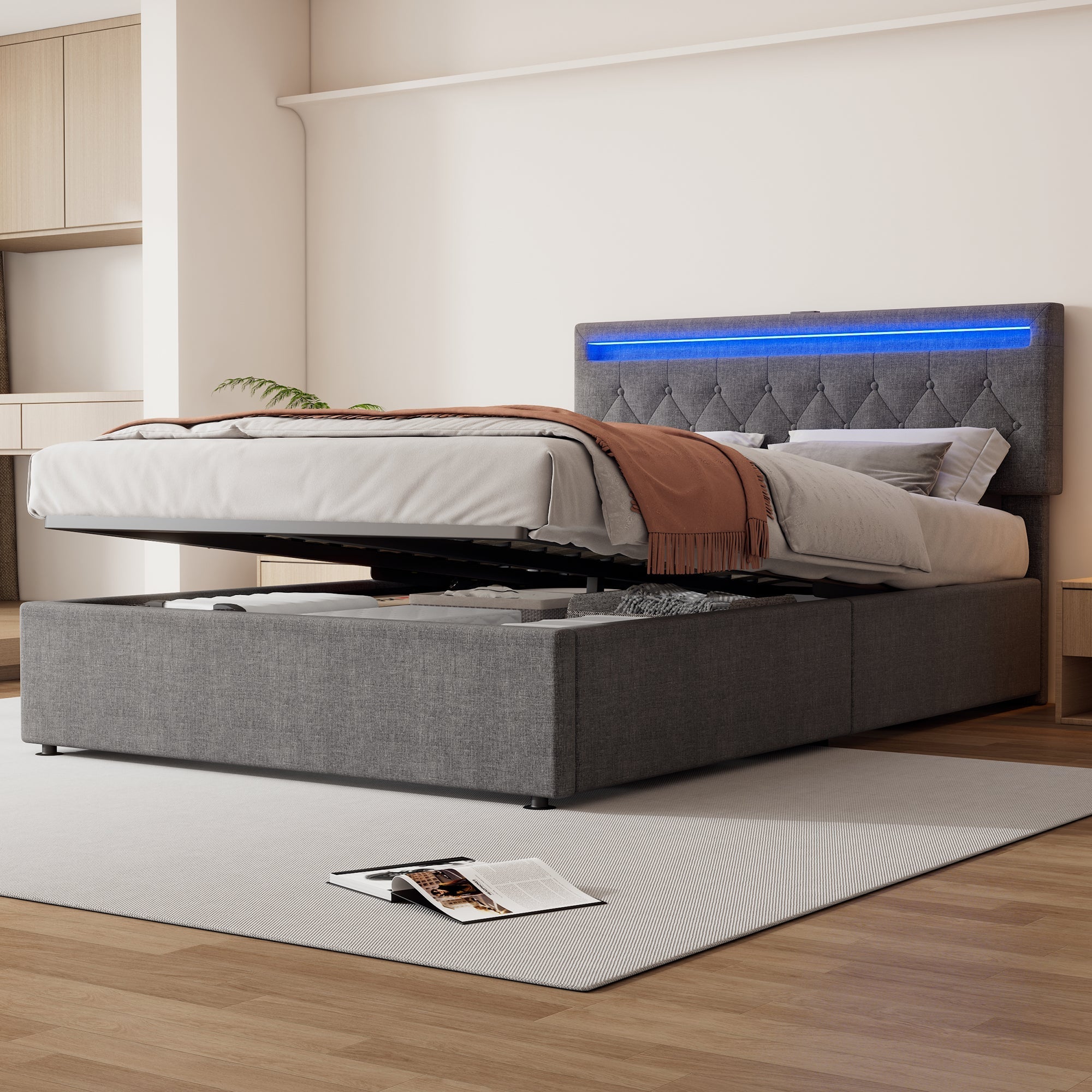 Upholstered Bed 140x200cm Hydraulic Storage Adjustable Height LED USB/Type-C - Grey