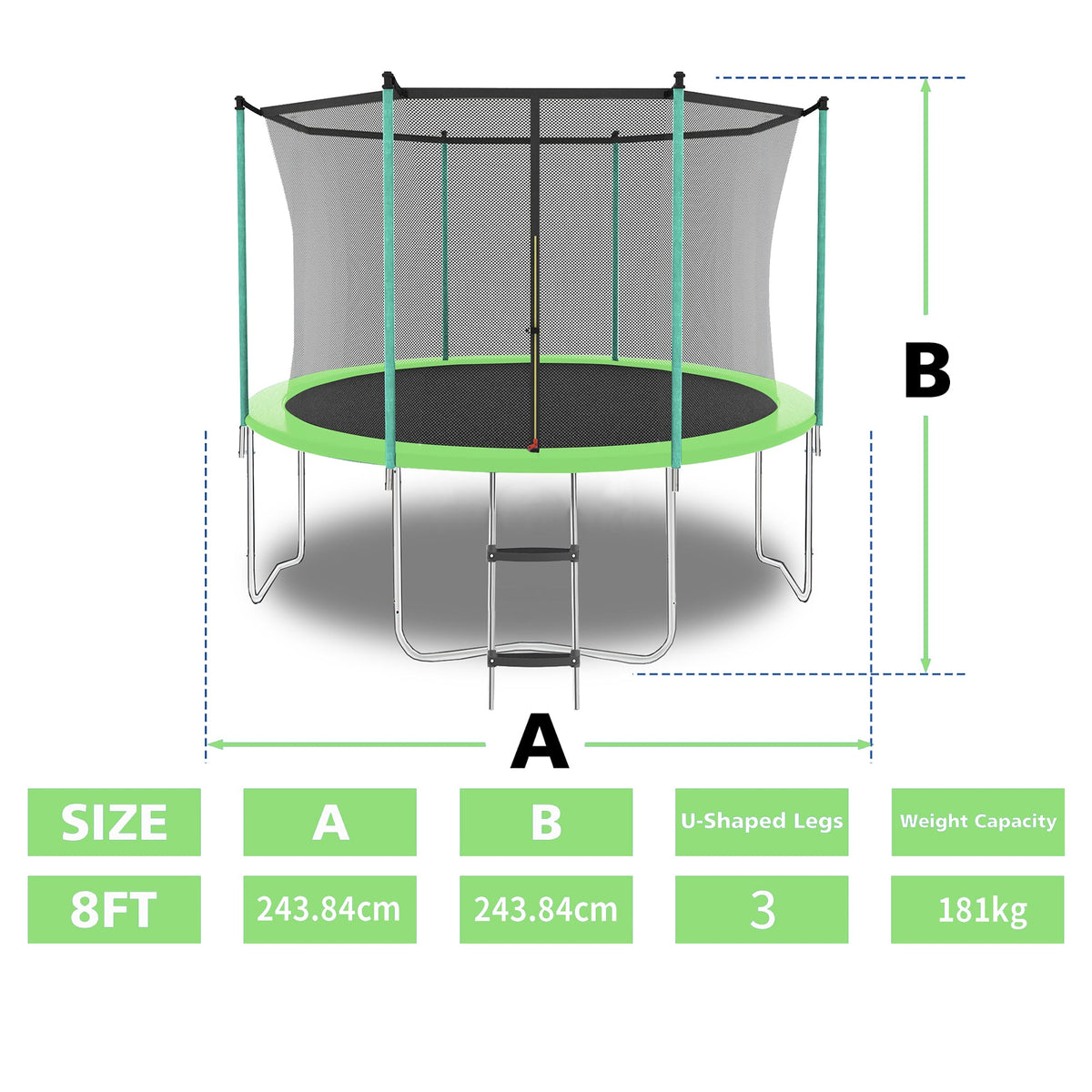 8FT Trampoline with Safety Net and Ladder, 181kg Capacity, Green
