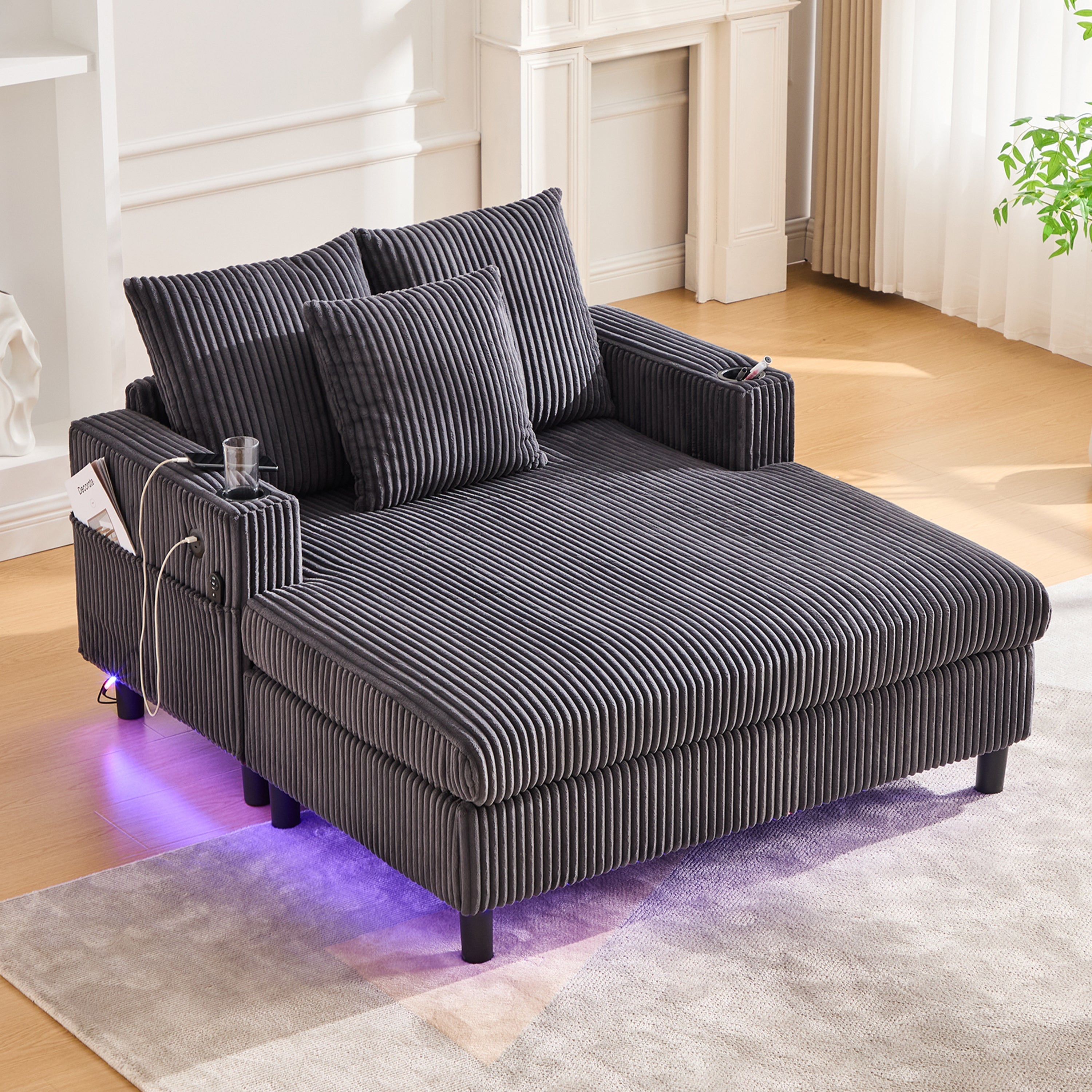Chaise Lounge Chair, Soft Spacious w/ Cup Holders USB LED Lighting