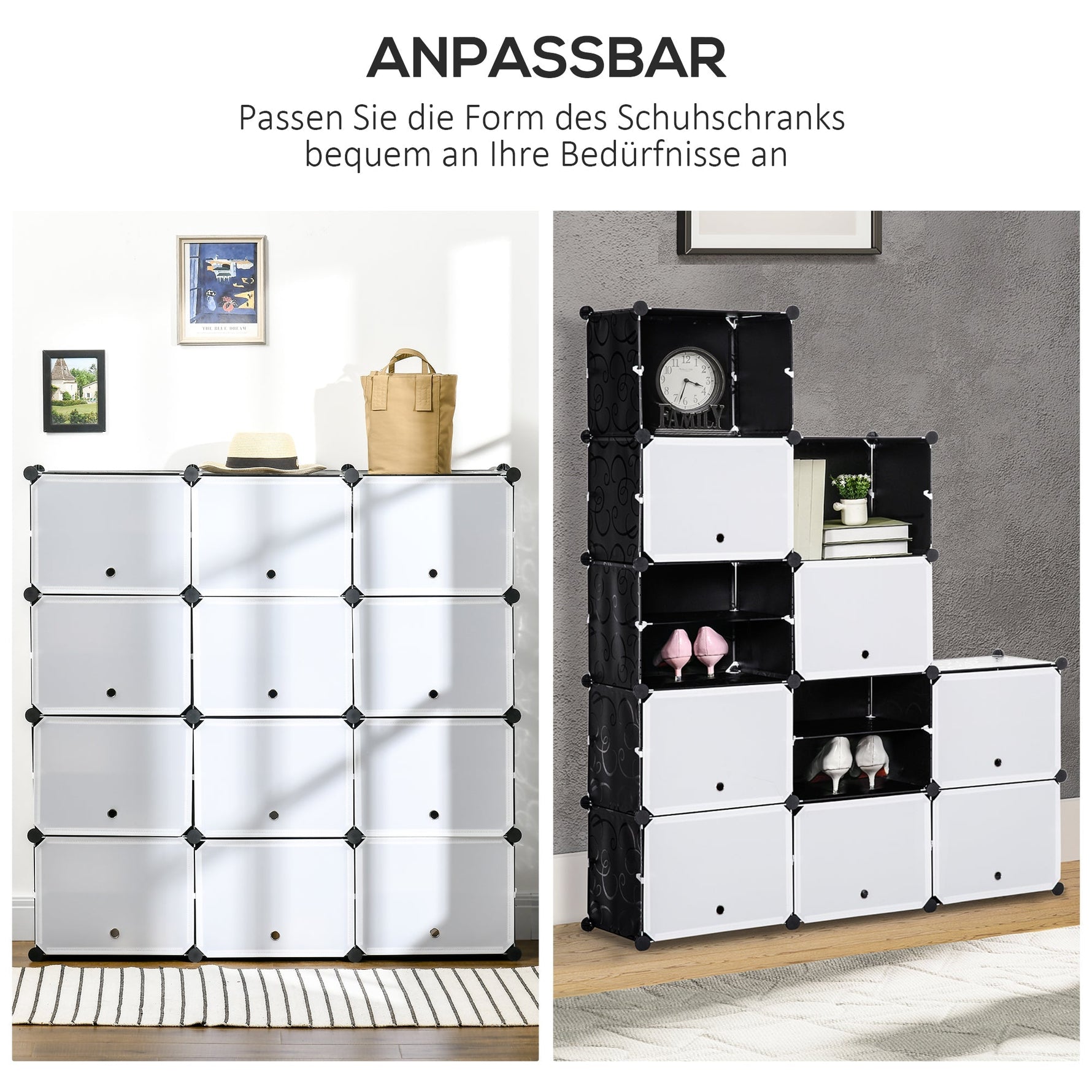 Shoe Cabinet Storage Box 12 Cubes DIY Plastic Steel Black+White