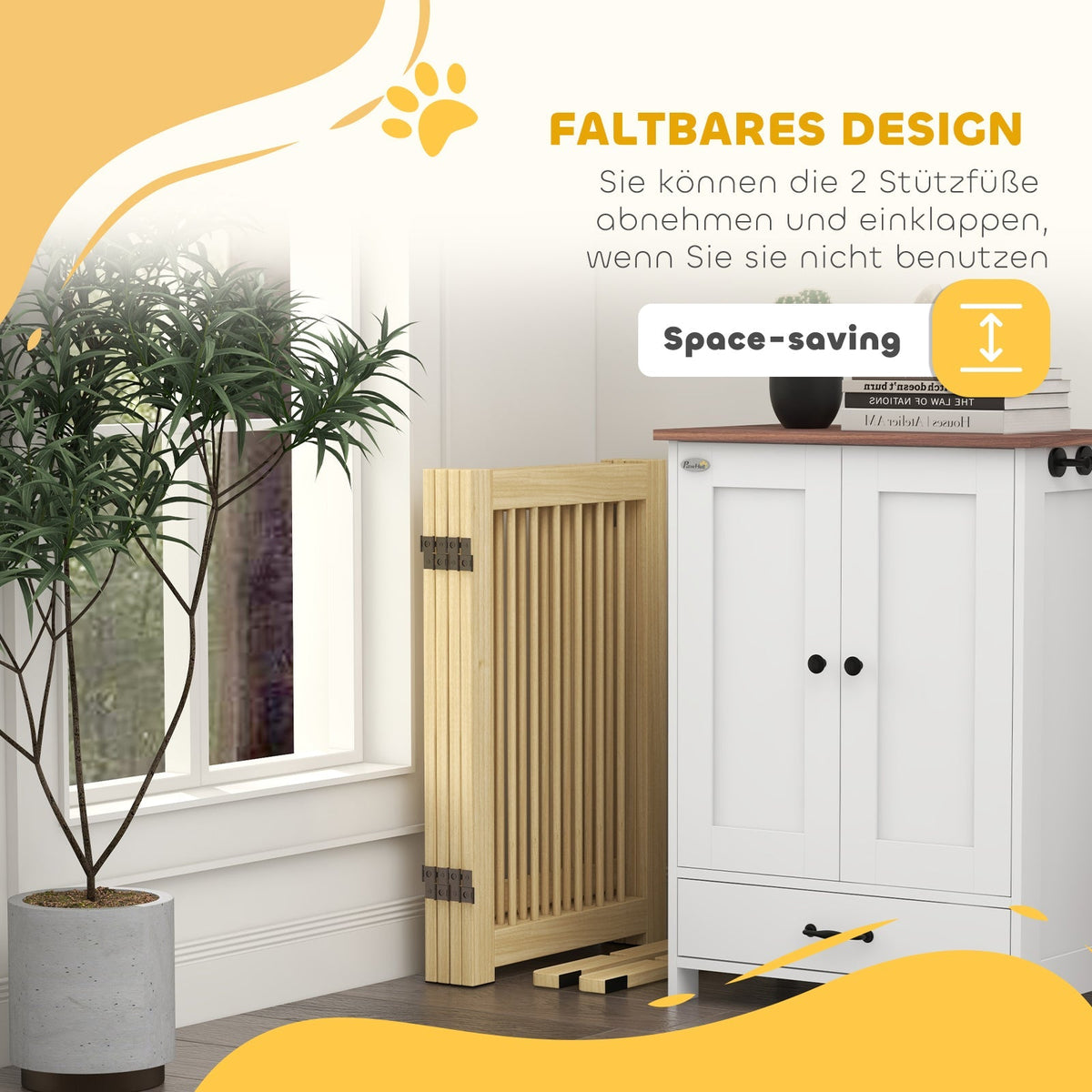 Dog Barrier 4-part 204 x 75 cm Foldable with Door, Wooden Natural