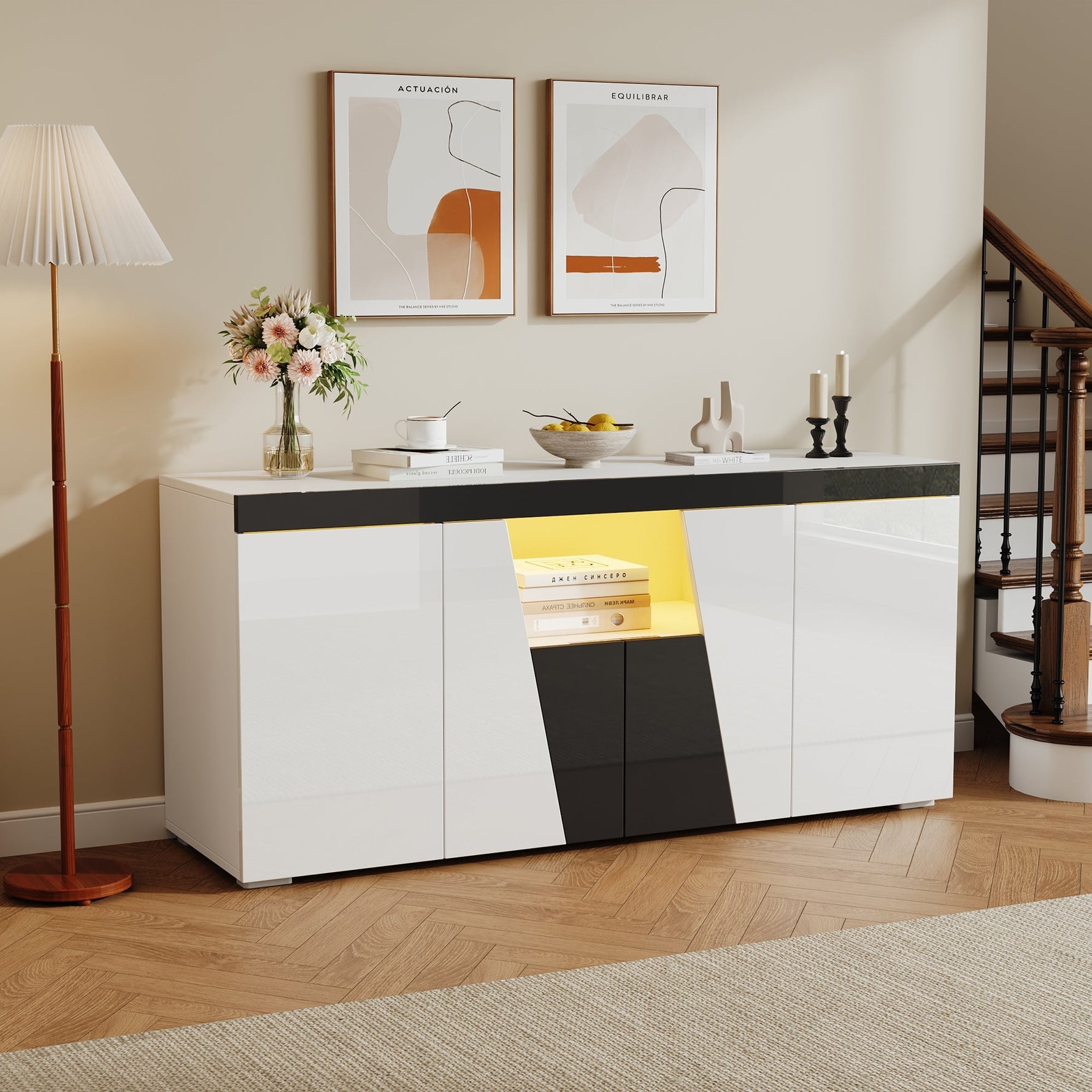 Living Room Sideboard 140x40x65cm Large Storage 4 Doors LED Light Strip Angled Design Black and White