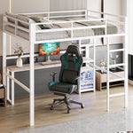 Loft Bed 140x200cm Desk Power/USB-C Shelves Stepladder - White Iron Frame