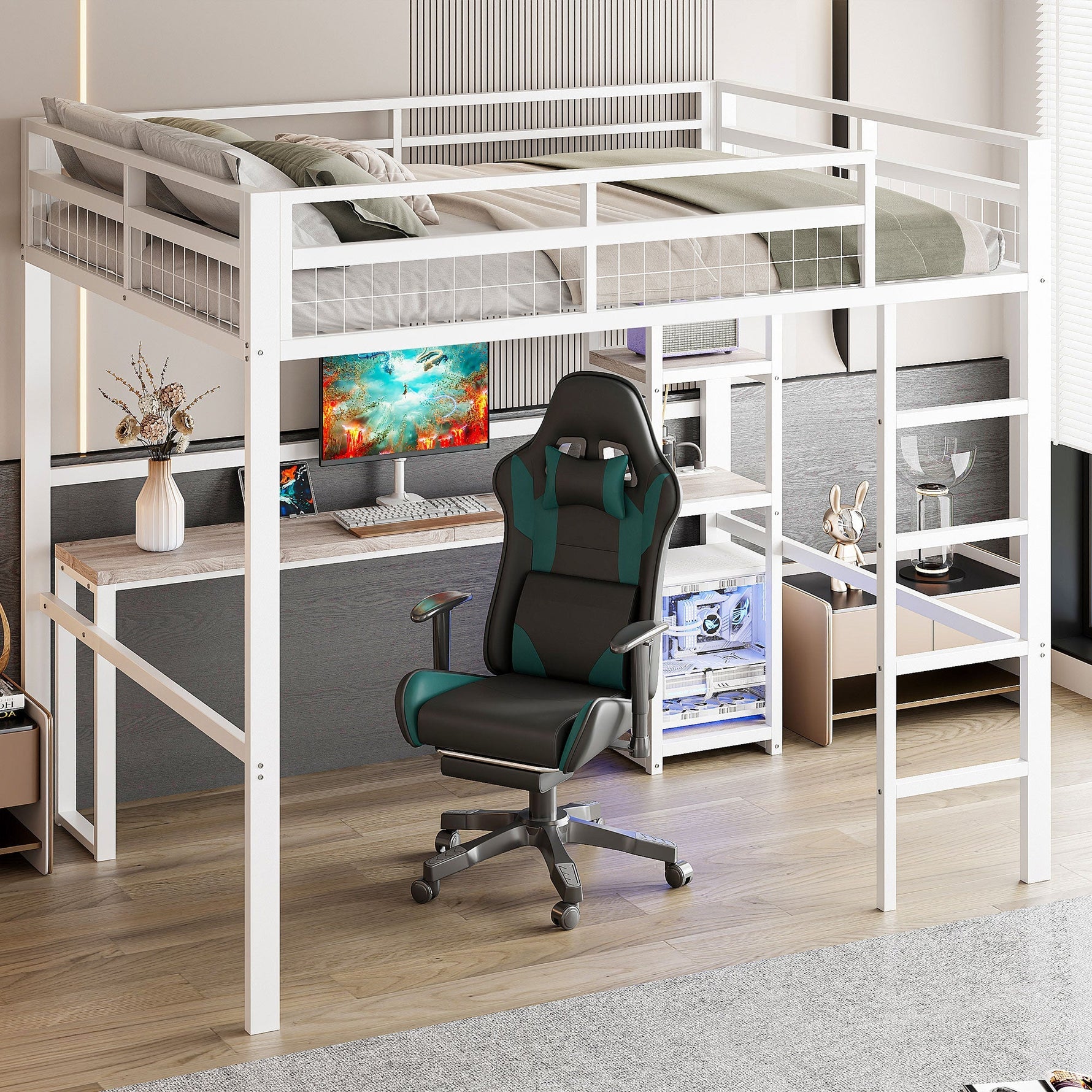 Loft Bed 140x200cm Desk Power/USB-C Shelves Stepladder - White Iron Frame