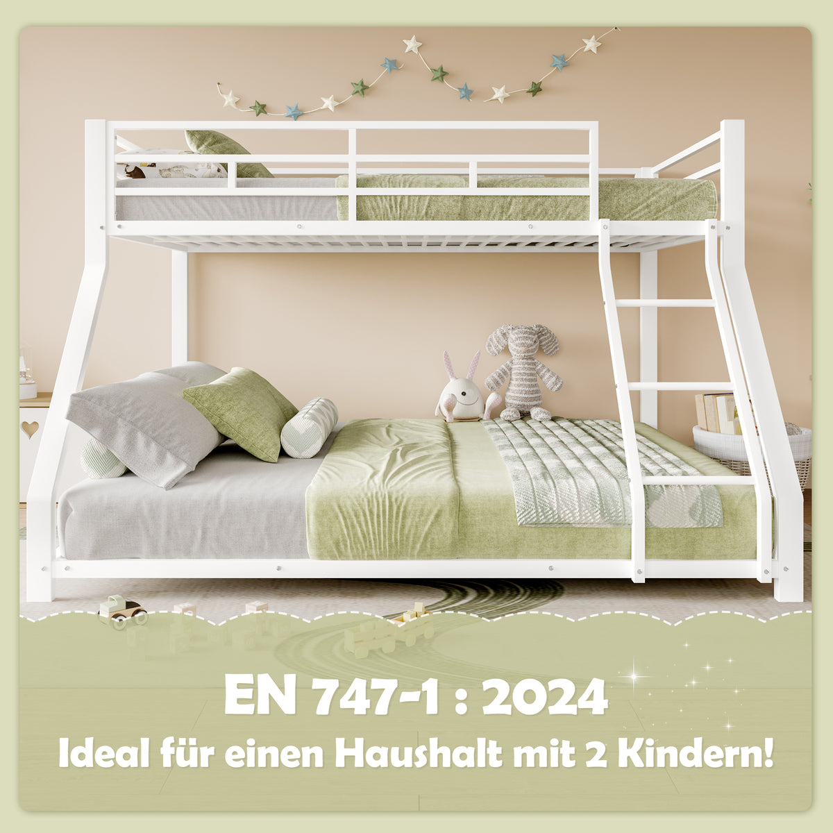Bunk Bed 90x200 & 140x200 cm with Guardrail & Steps, White Metal
