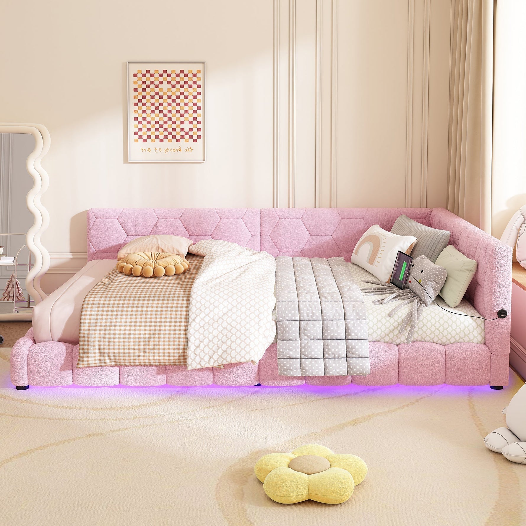 Daybed Sofa Bed 140x200cm Ambient Light USB/Type-C - Pink Faux Fleece