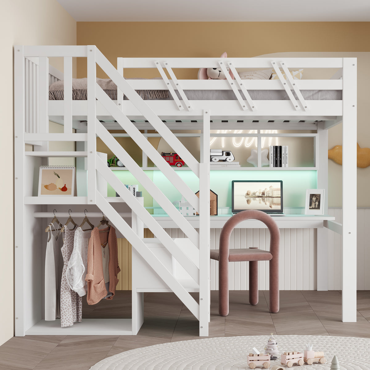 Solid Wood Bed 140x200 with Desk, Storage & LED - White