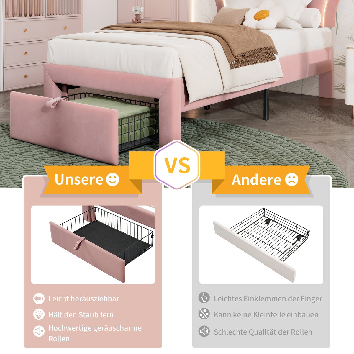 Children's Bed LED Single, 90 x 190 cm with Drawers, Adjustable Headboard, Velvet Pink
