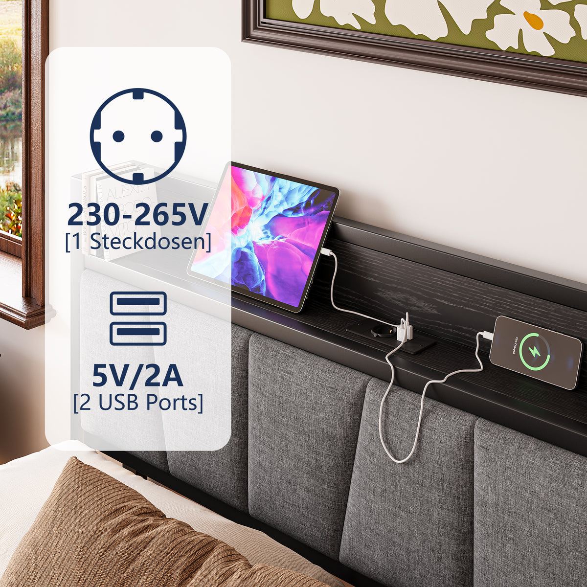 Bed Frame 140x190cm with LED Light & USB Station, Metal