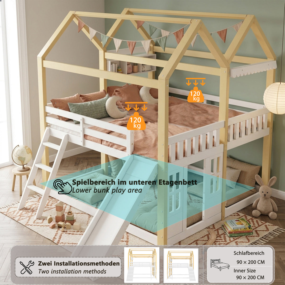 Children's House Loft Bed 90x200cm with Slide, White & Natural Wood