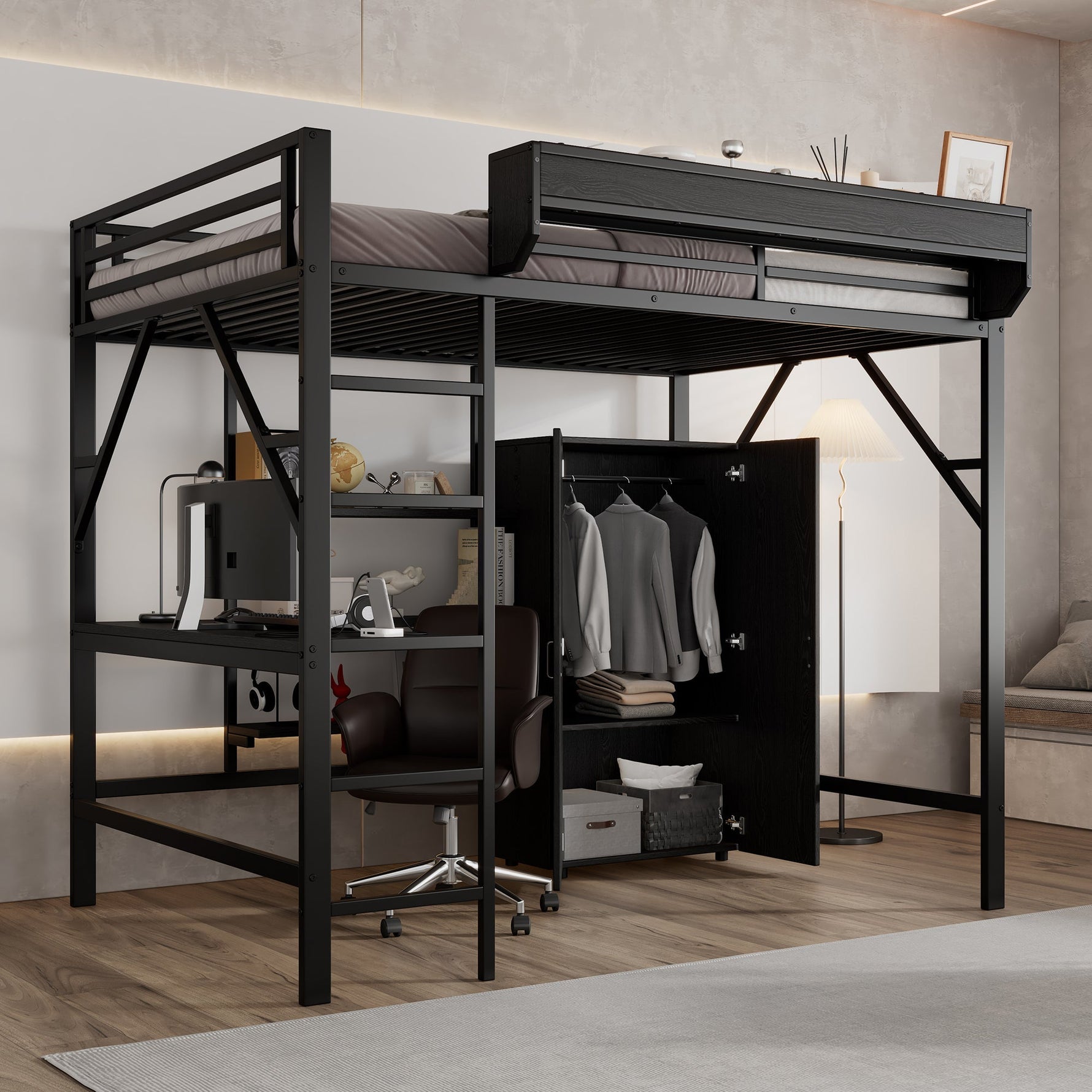 Iron Loft Bed with Desk, Storage and Wardrobe, Black Iron and MDF, 140x200cm