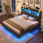 Suspended Design Upholstered Bed, Multifunctional Storage, LED, USB, Type-C, Linen Fabric Gray