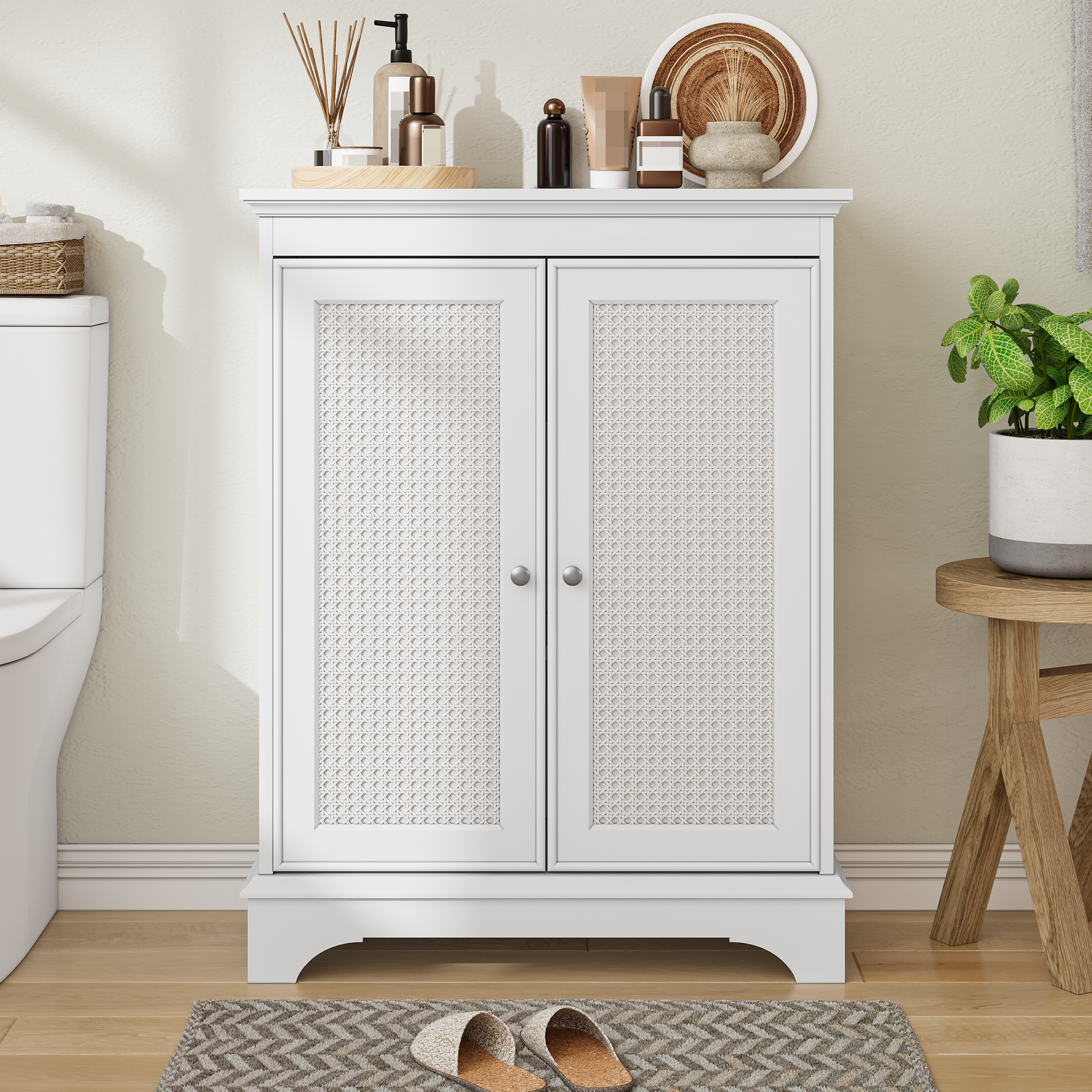 Bathroom Cabinet, Floor-Standing with Basket Door & Adjustable Shelf, White