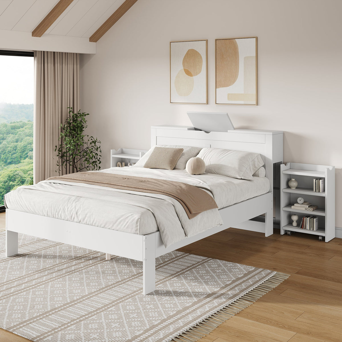 Wooden Bed 140x200 Double 2 Pull-out Nightstands Headboard Storage - White