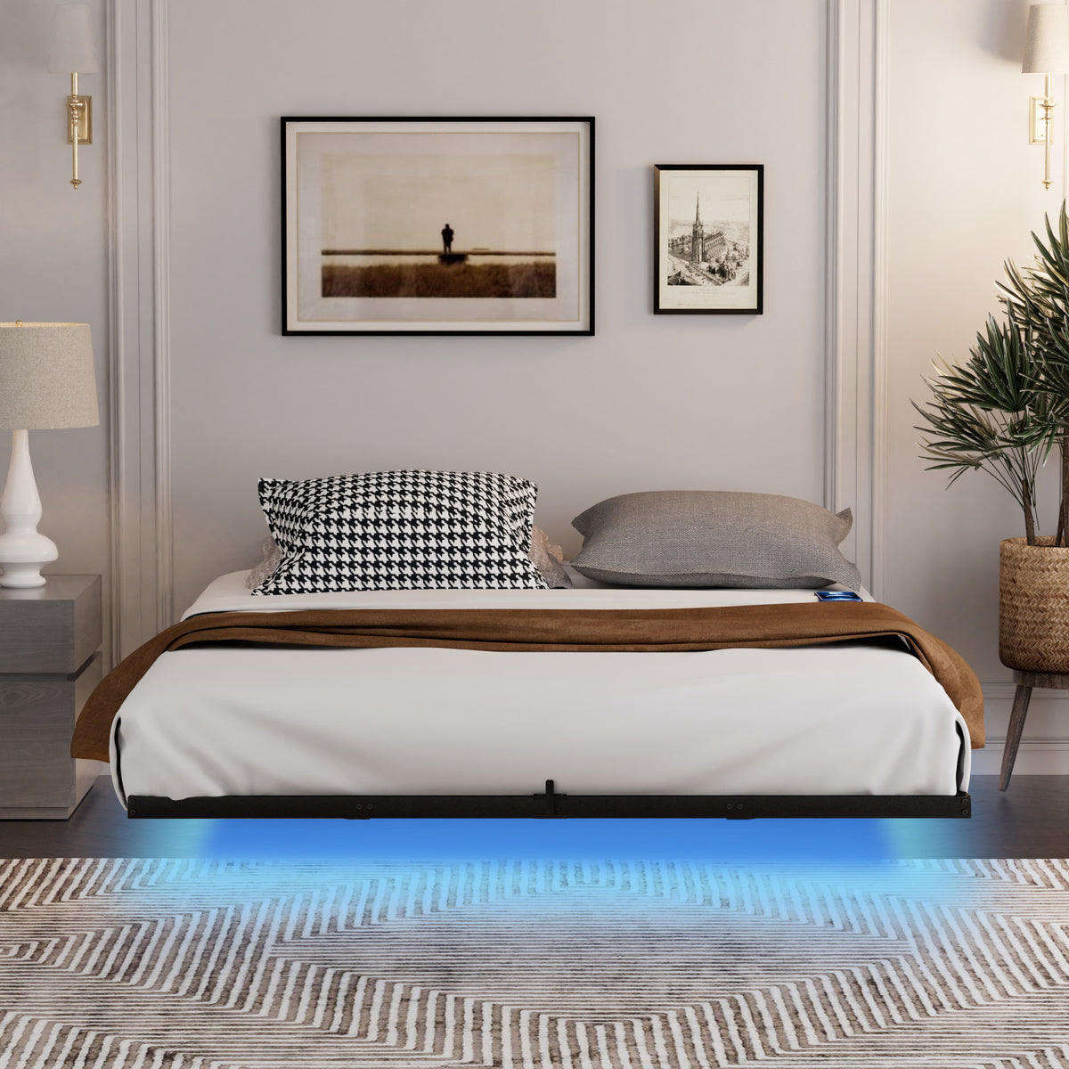Floating Metal Bed with LED Lighting, 160x200 cm, Black