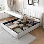 Binaural LED Upholstered Bed with Hydraulic Storage, USB Port and Adjustable Headboard, 180x200cm, White PU Pebble