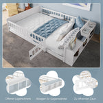Children's Wooden Bed 140x190cm Open Storage Shelves Opening Case - Pine White