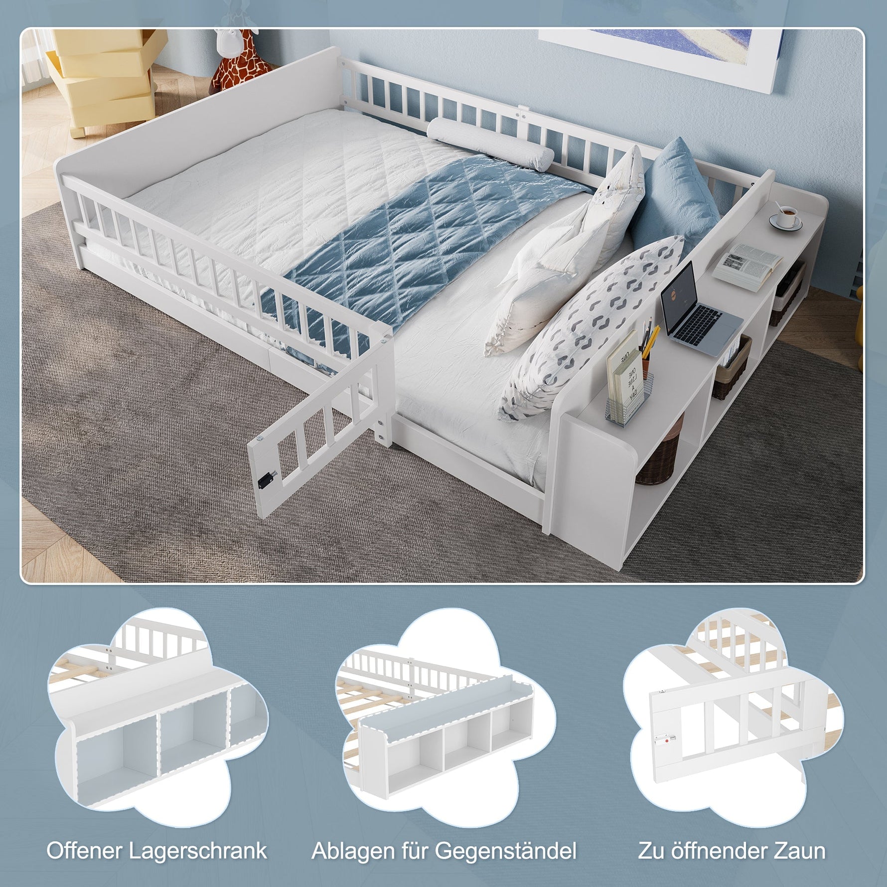 Children's Wooden Bed 140x190cm Open Storage Shelves Opening Case - Pine White