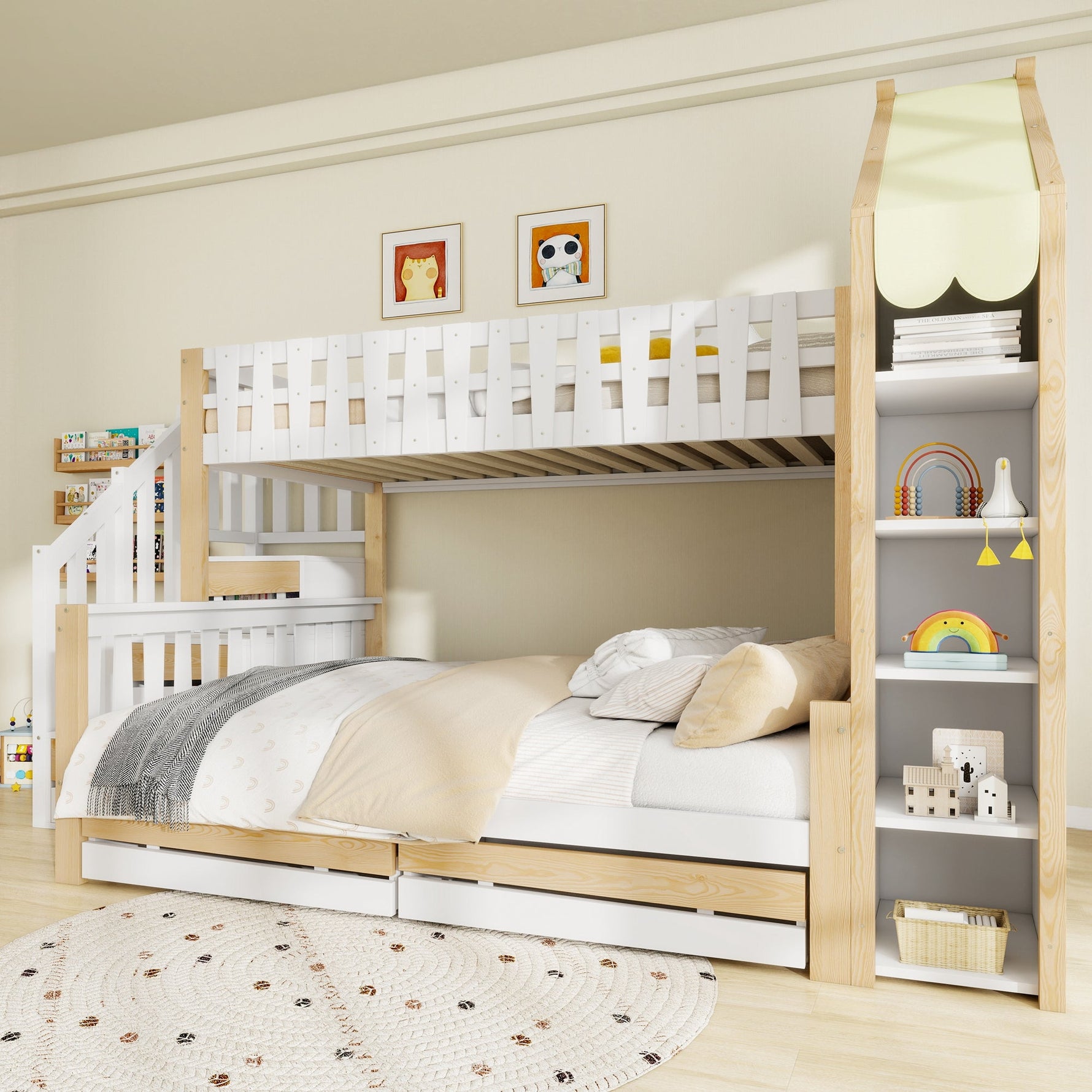 Bunk Bed, 90x200cm + 140x200cm, Storage Ladder, 2 Drawers, White + Natural
