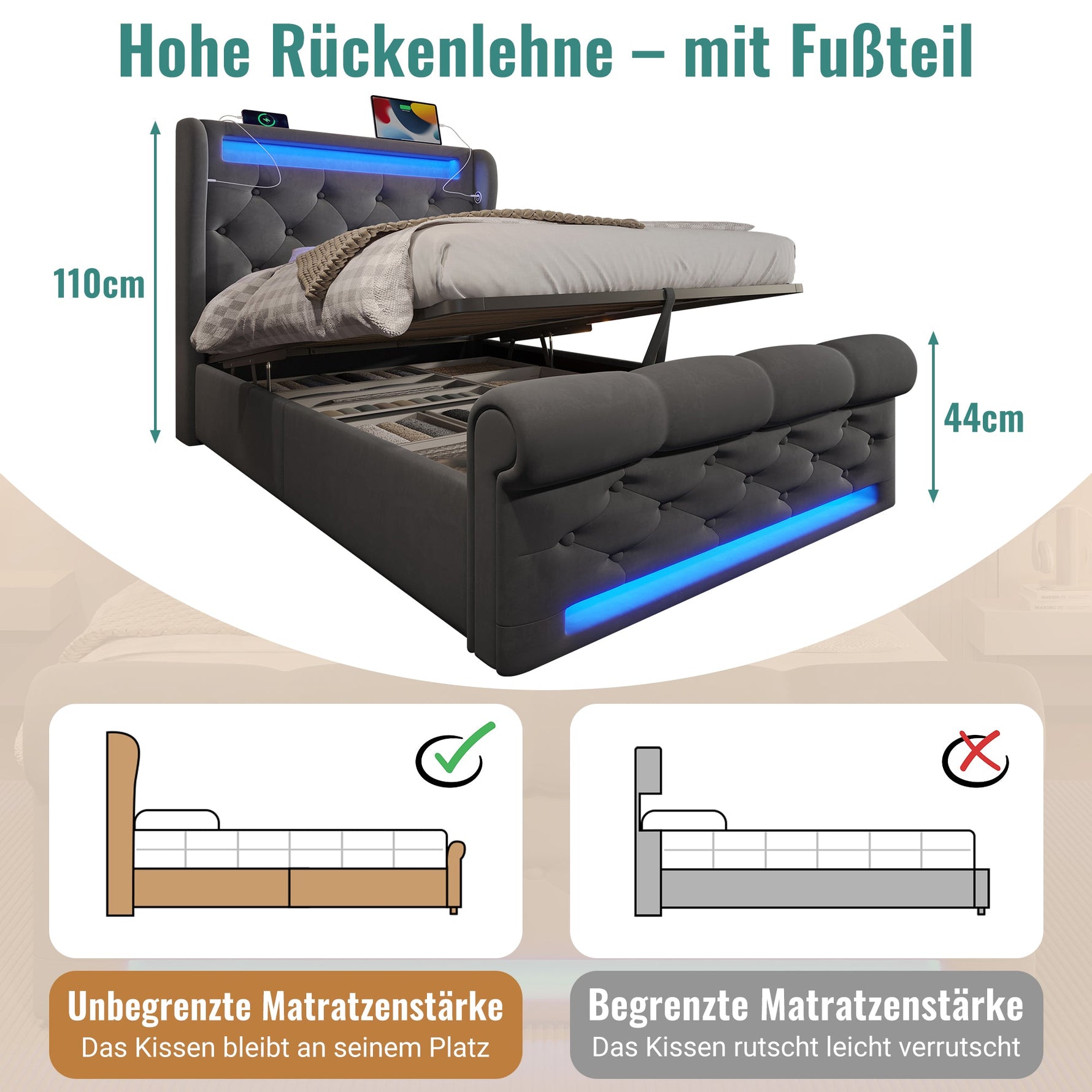 Upholstered Single Bed 90x200cm LED Headboard Hydraulic Storage, Grey Velvet
