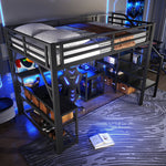 Loft Bed with Desk, LED Light Strip and Storage Staircase, 140 x 200 cm, Black Iron Frame