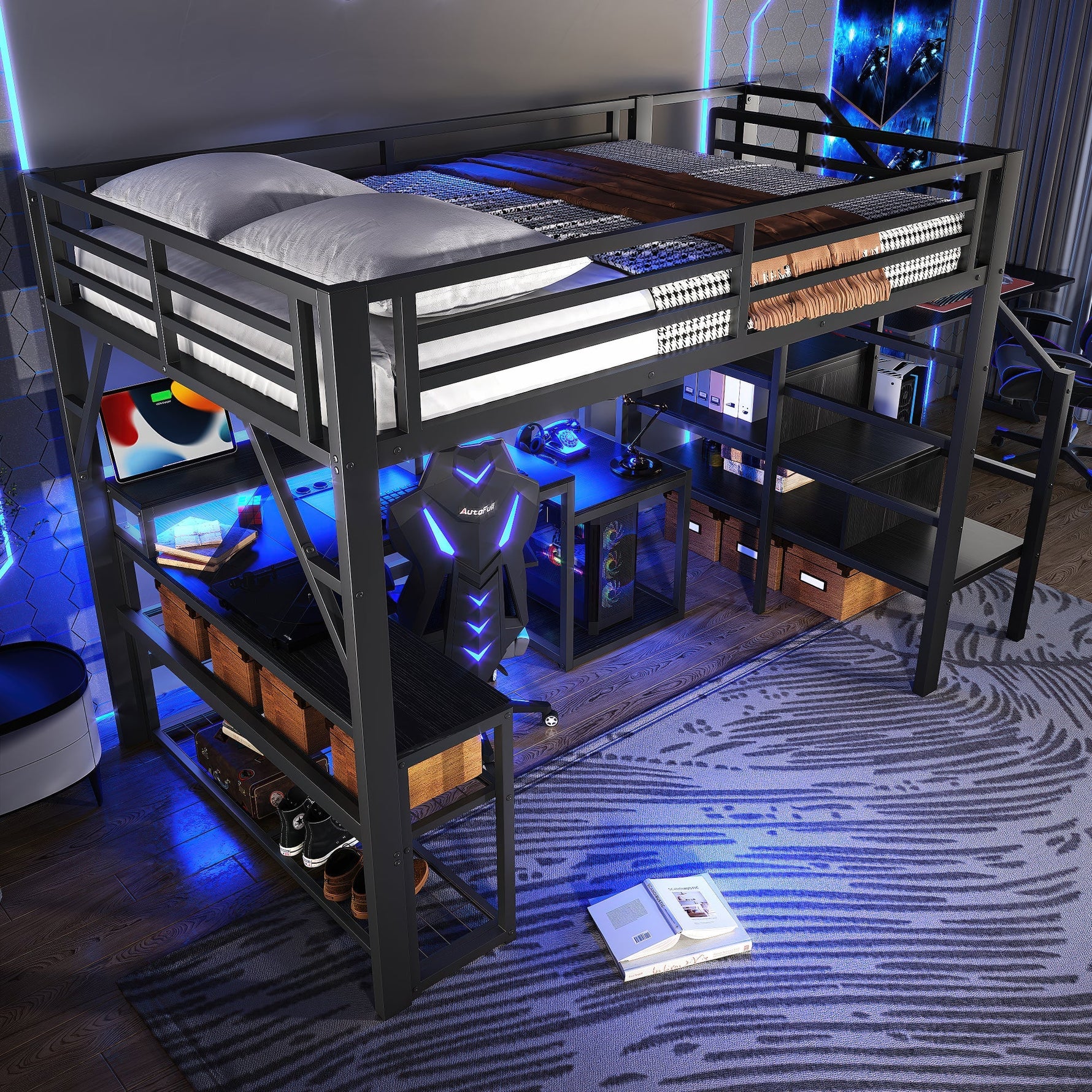 Loft Bed with Desk, LED Light Strip and Storage Staircase, 140 x 200 cm, Black Iron Frame