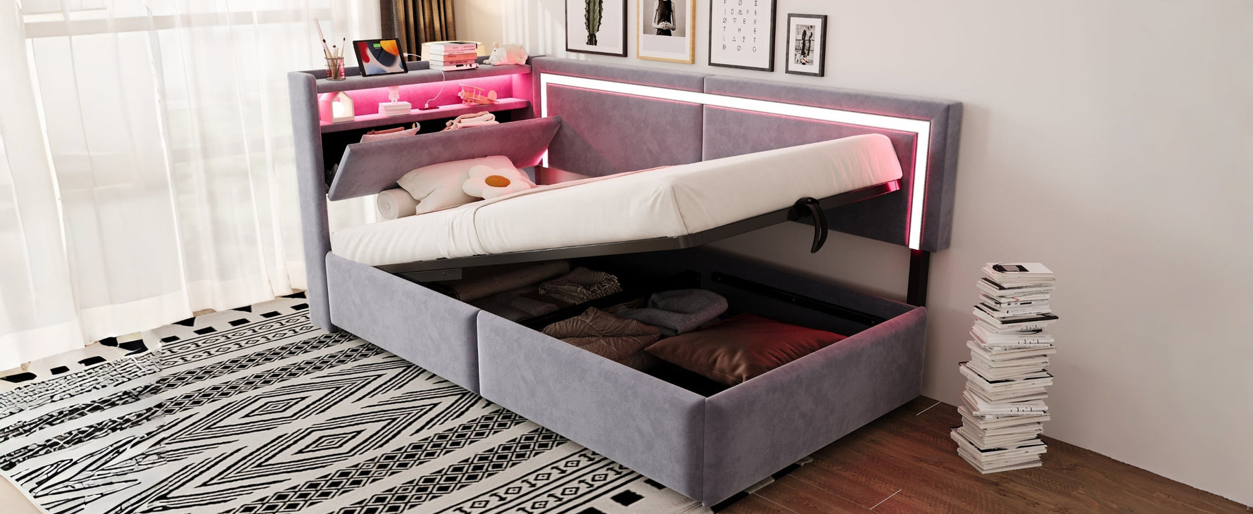 Upholstered Sofa Bed 90x200 LED USB Hydraulic Storage Light Grey Velvet
