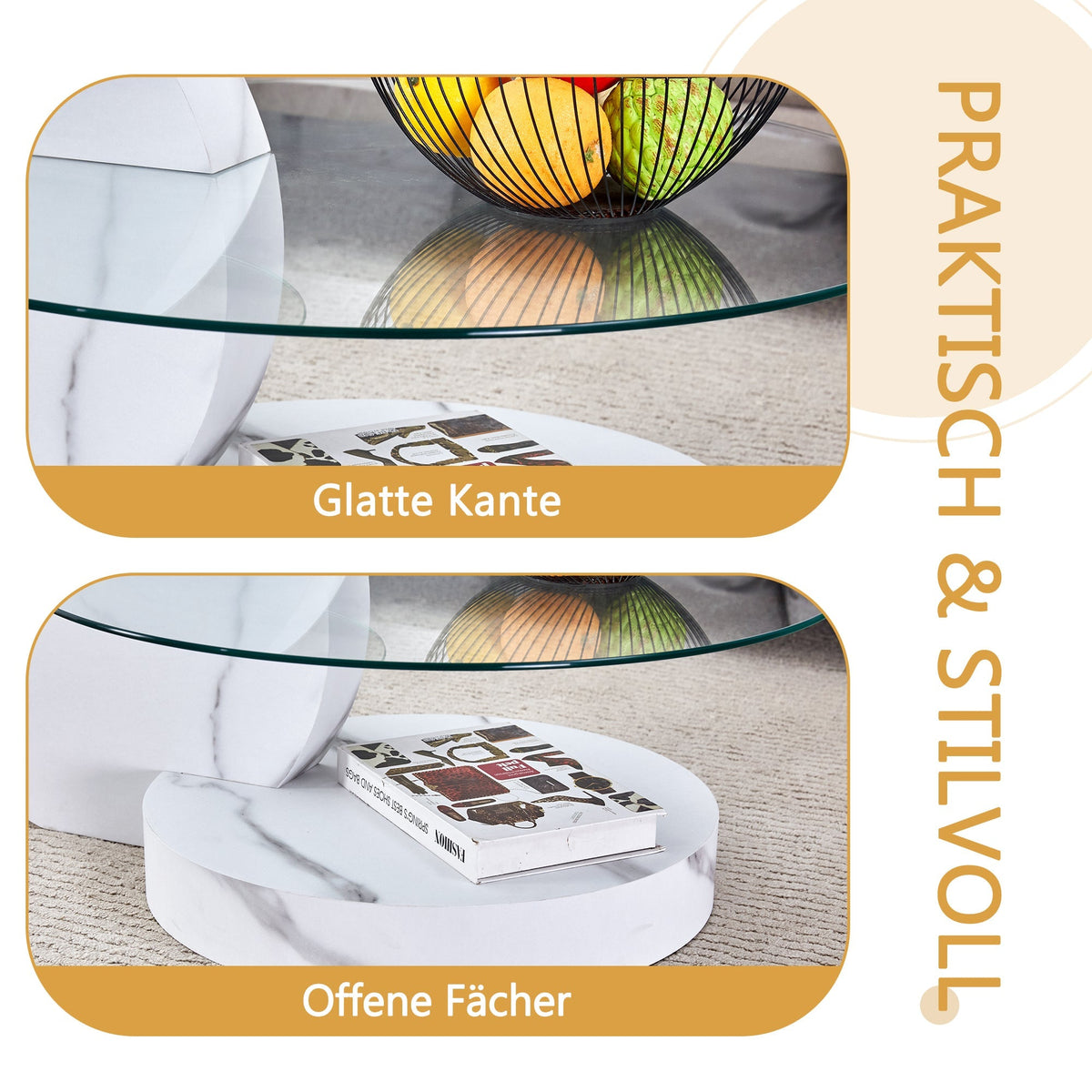 Modern Coffee Table Double-Layered Safety Glass Multi-Tiered White Marble Effect MDF