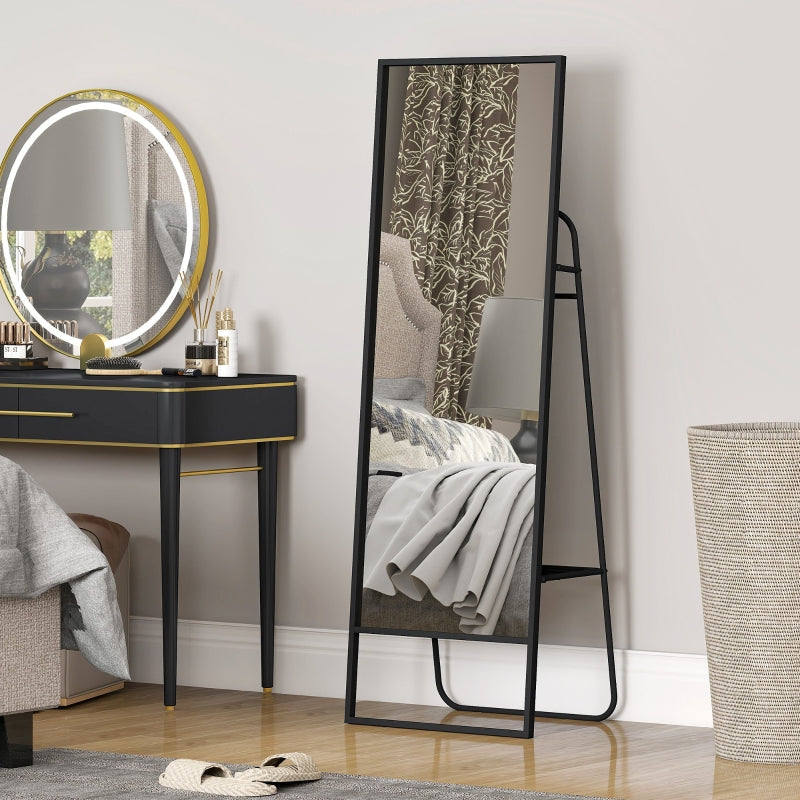 Full-Length Mirror, Industrial Design, Rear Shelf, 2 Hooks, Metal, Black