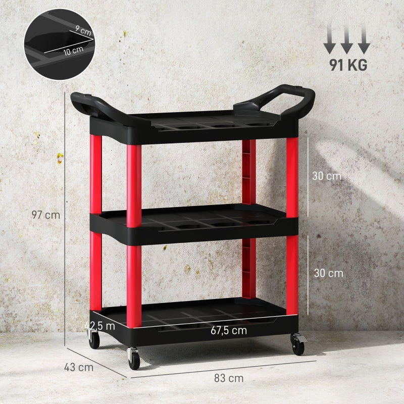 Workshop trolley 3 levels, tool trolley with handle, 91 kg load capacity, red + black