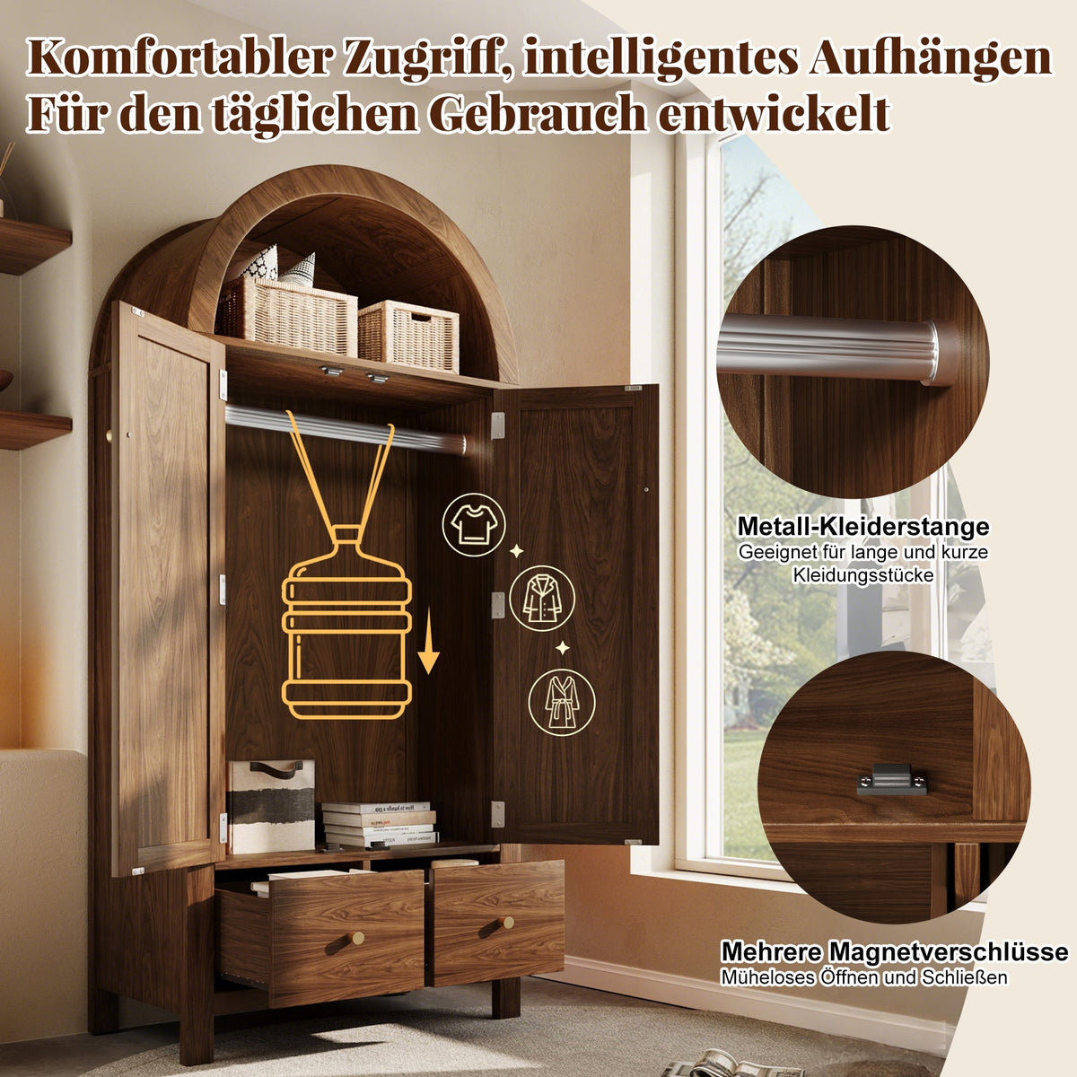 Wardrobe with Rattan Weave and 2 Drawers, Walnut Look