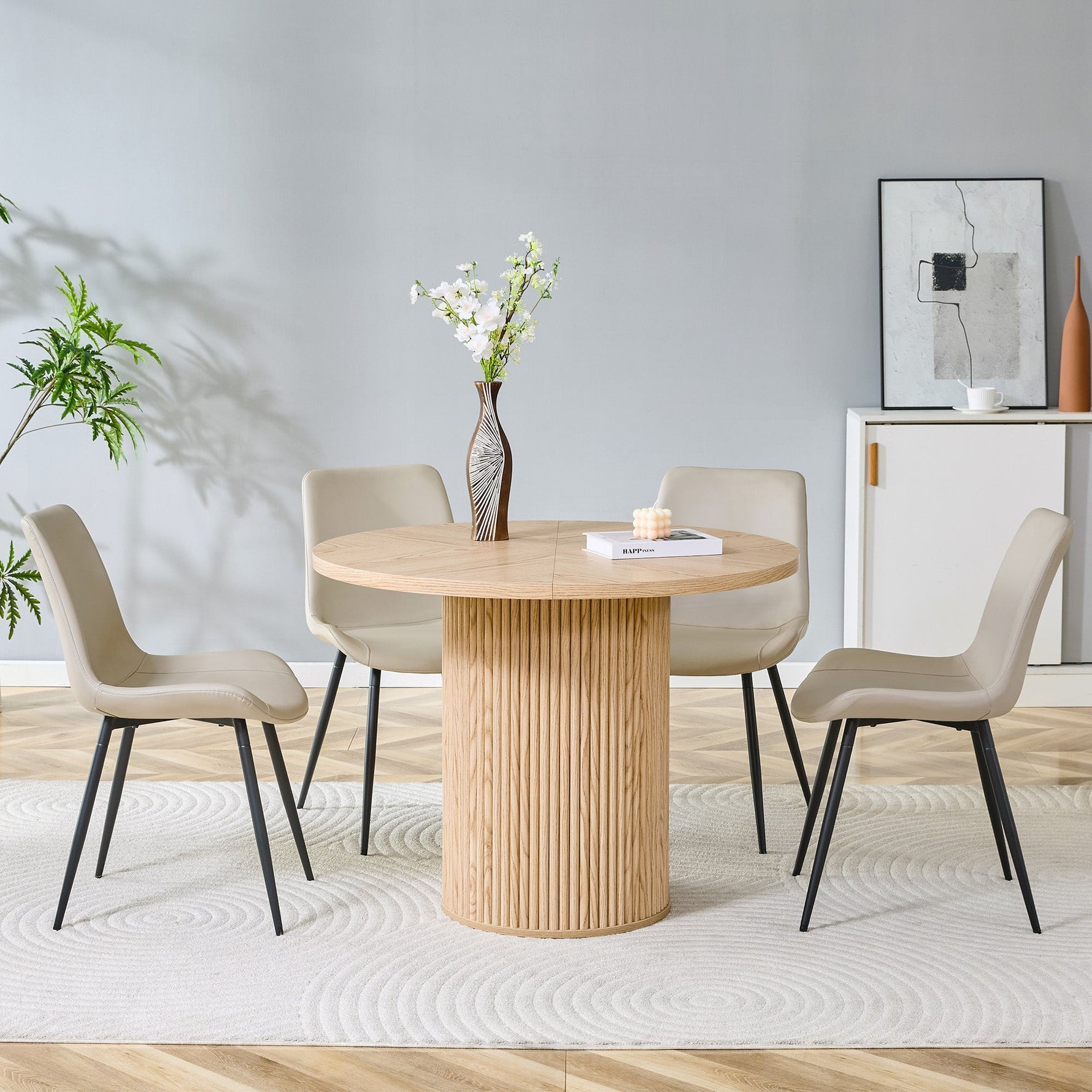 Minimalist Round Dining Set 100cm 4 Chairs Faux Leather - Light Wood/Grey