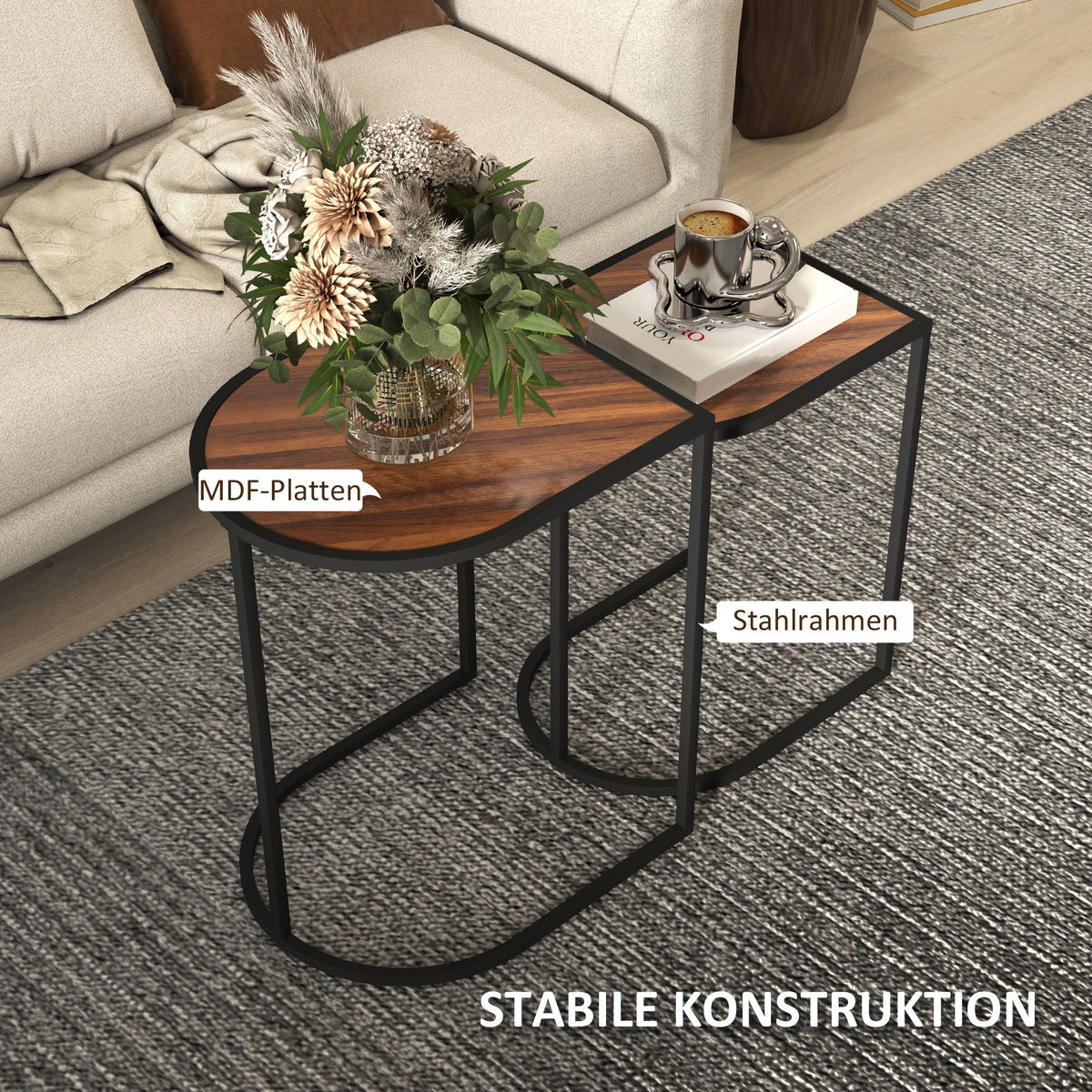 Set of 2 Coffee Tables, Square Stackable Side Tables, Steel, Brown + Black