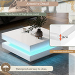 Modern Square Coffee Table with Rotating Top and LED Light, High-Gloss White