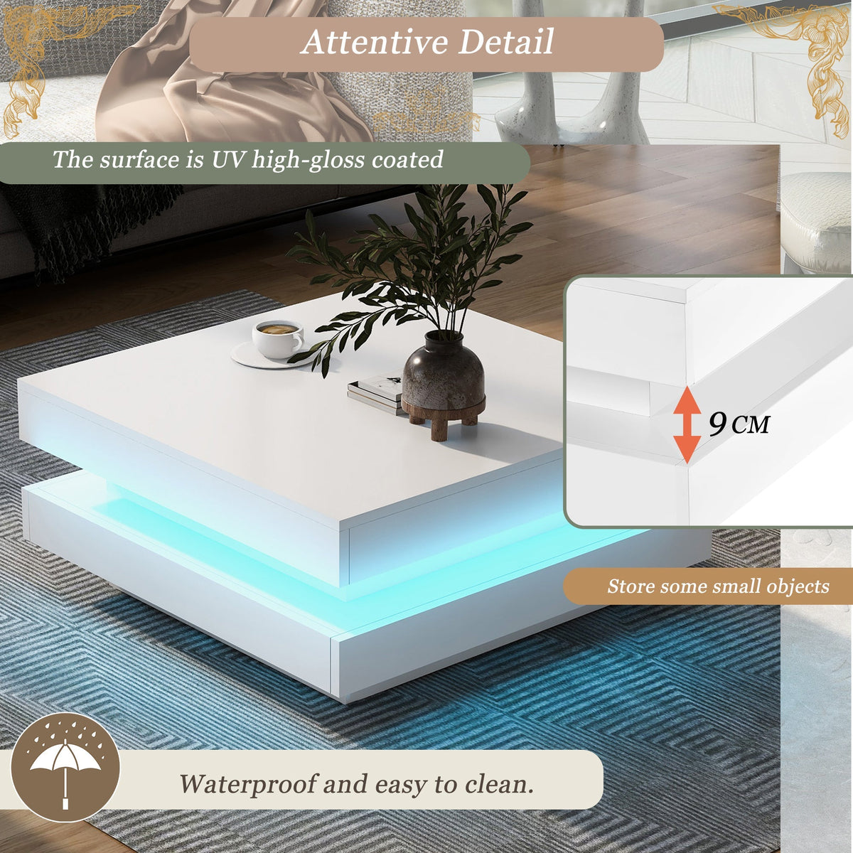 Modern Square Coffee Table with Rotating Top and LED Light, High-Gloss White